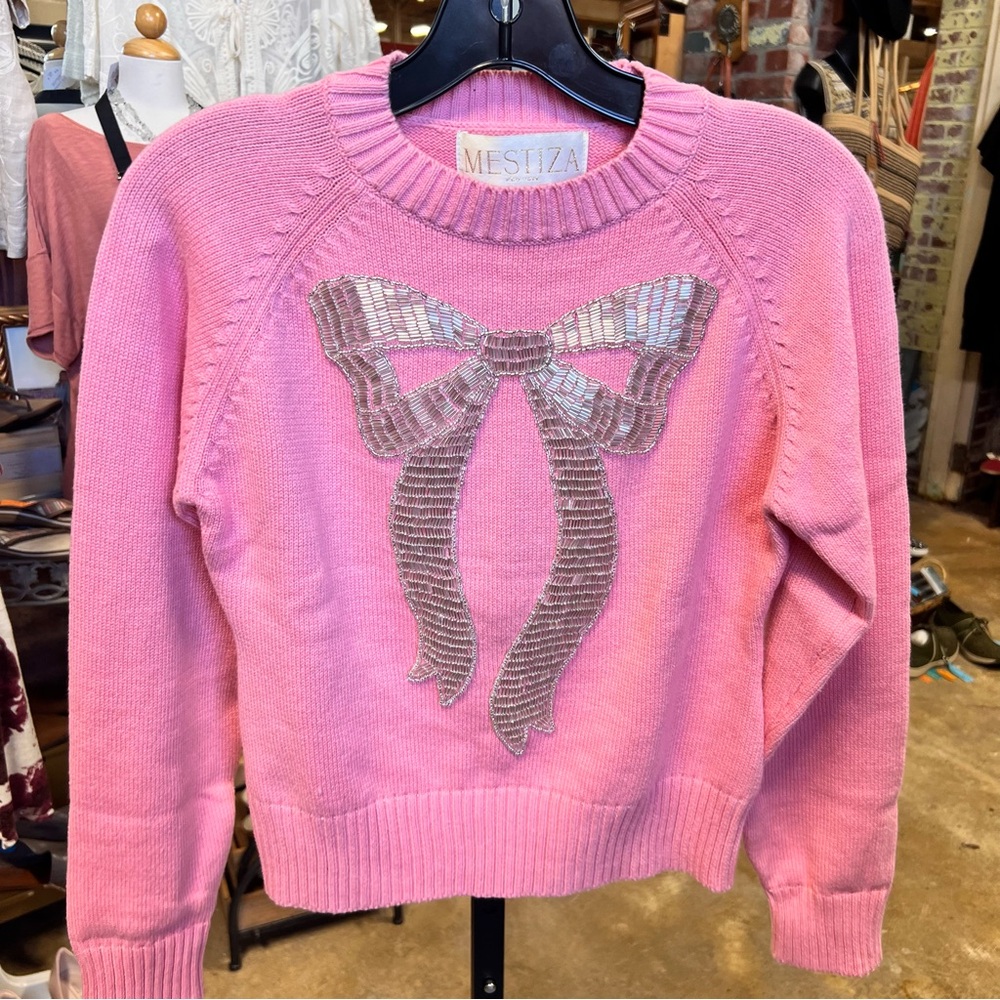 MESTIZA NEW YORK delilah long sleeve pink cotton bow sweater Sz S NWT